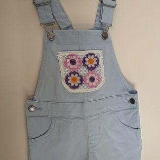 Denim Short Overalls with Flower Crochet Detail
